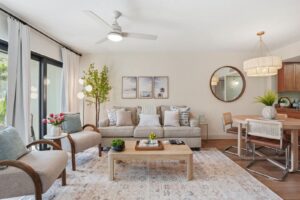 Bright, modern, professionally styled living room in a Mike Z Rentals vacation rental