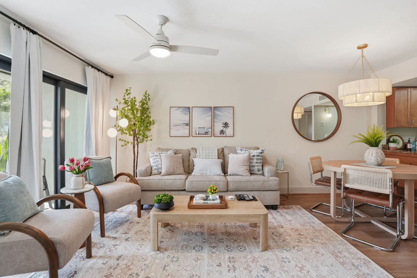 Bright, modern, professionally styled living room in a Mike Z Rentals vacation rental