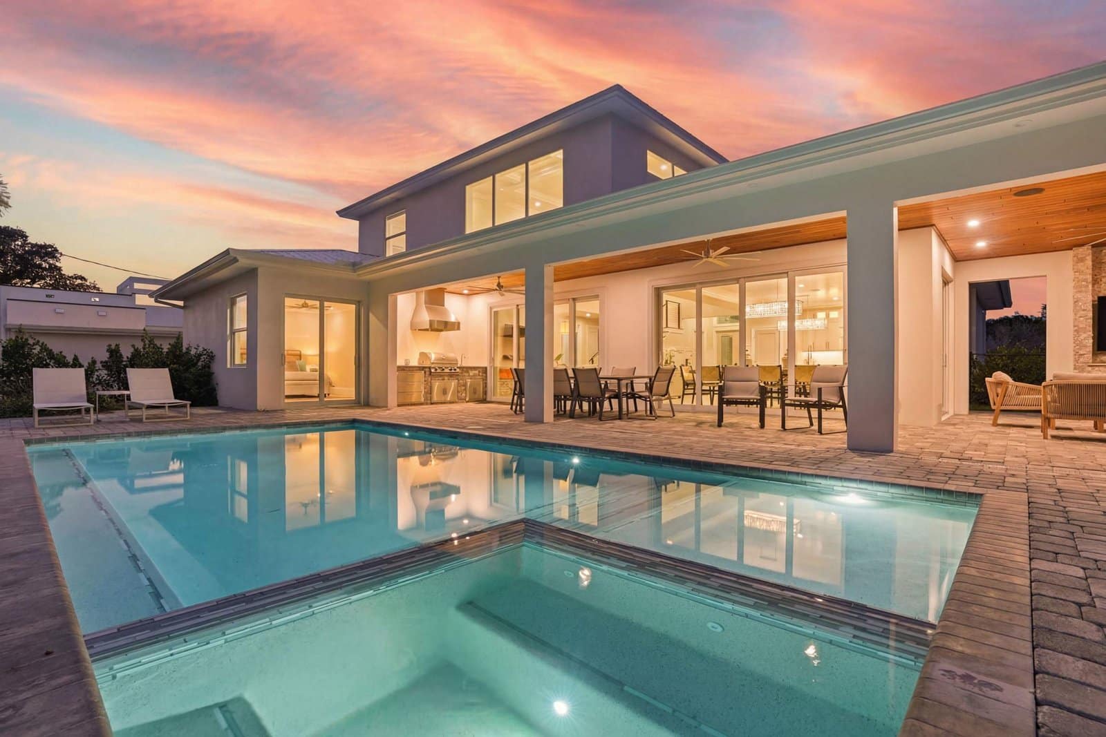 Luxury vacation home with a screened pool at dusk in Southwest Florida